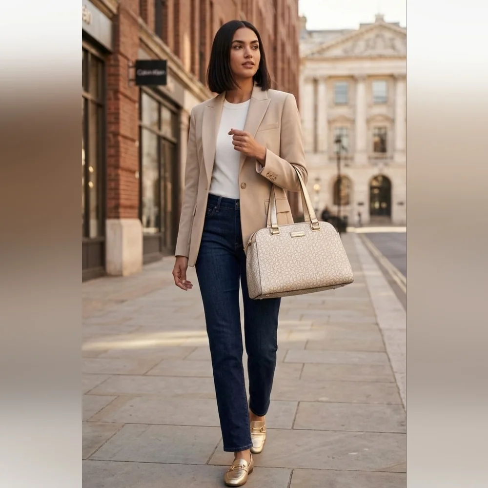 Calvin Klein Large Almond Monogram Satchel - Like New | Metallic Gold & Cream
